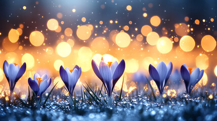 Fresh wild purple crocus blooming in spring garden. Saffron flowers in field. Natural floral blooming meadows composition. Floral background. Begining springtime sunny landscape with sunlight