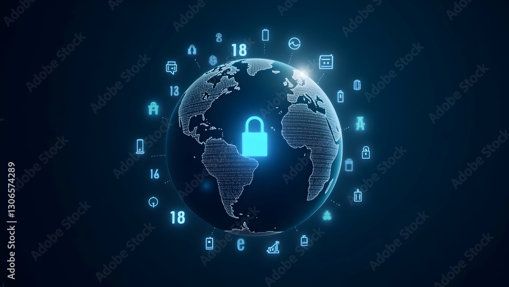 Poster cybersecurity represented by a globe surrounded by encryption symbols illustrating global online sec