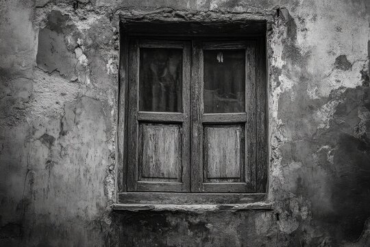 Weathered window on an old stone wall