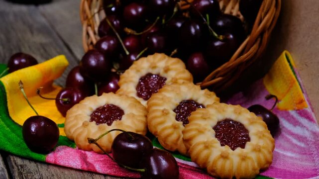 Cookies with cherry jam. Homemade freshly baked shortbread cookies	