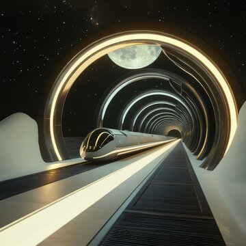 A futuristic hyperloop tunnel illuminated by the moons glow, sleek vehicles moving at incredible speed ar 16:9 v 6.1 q 2