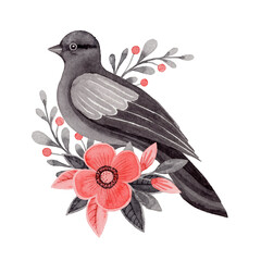 Dove with flower and twig arrangement in folk style. Stylized illustration in red and gray colors for wedding invitation creating. Hand drawn composition is perfect for romantic and love card design.