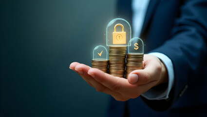 Secure Your Financial Future: Image of a Hand Holding Stacks of Coins with Holographic Vault Icons in a Business Setting - Perfect for Stock Photo Use
