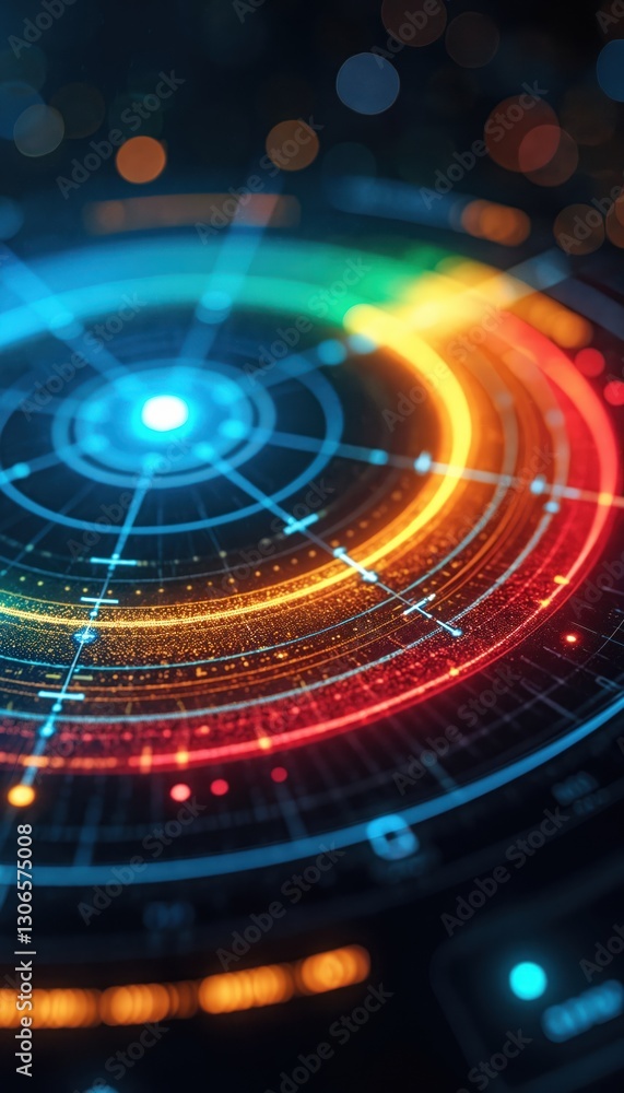 Aufkleber image shows illuminated radar screen with range indicator. concentric circles in red, orange, blue c