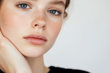 Elegant woman&rsquo;s closeup face on isolated grey background.
Front view.