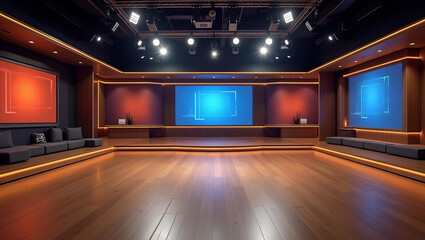 Room Studio, Backdrop For TV Shows .TV On Wall.3D Virtual News Studio Background, 3d illustration