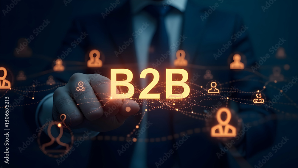 Poster b2b connections depicted by a glowing web interconnecting diverse business icons in a modern digital