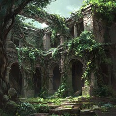 Naklejka premium Ruined building overgrown by jungle