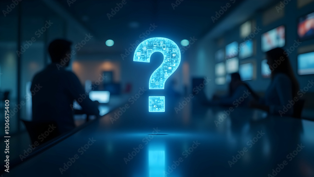 Poster exploring customer support interactions: a holographic question mark symbolizing curiosity and inqui