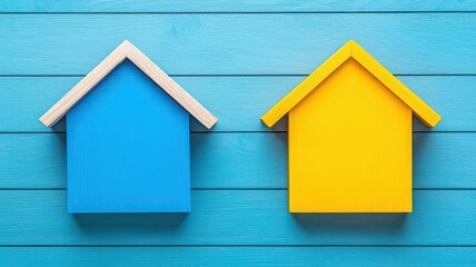 Colorful wooden houses on a blue wooden background.