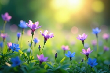 Pastel violet and blue wildflowers in a lush meadow, nature, colors
