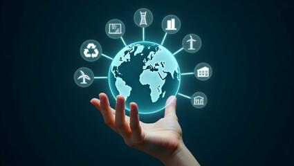 Net zero goals depicted by a glowing earth hologram surrounded by recycling and renewable energy icons symbolizing environmental sustainability goals. concept as Visual of a glowing earth hologram sur