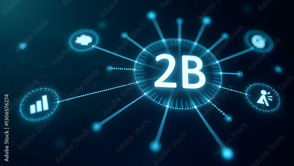 Poster b2b connections: a glowing web of diverse business icons in a modern digital network scene