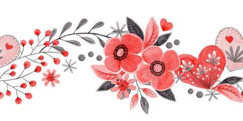 Curve seamless border with flower and heart in folk style. Stylized illustration in red and gray color for wedding invitation. Hand drawn composition is perfect for romantic and love card design.