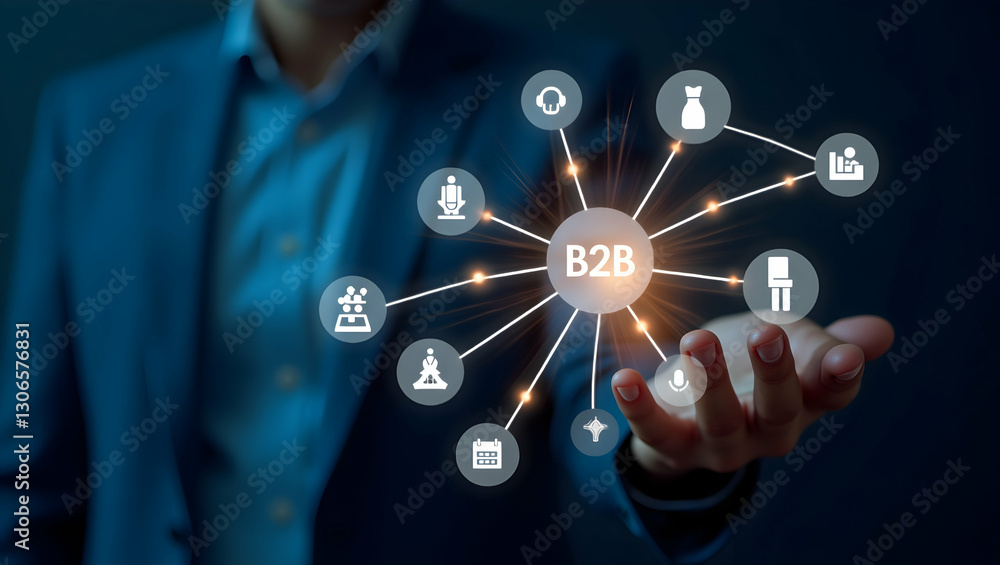 Poster b2b connections depicted by a glowing web interconnecting diverse business icons in a modern digital