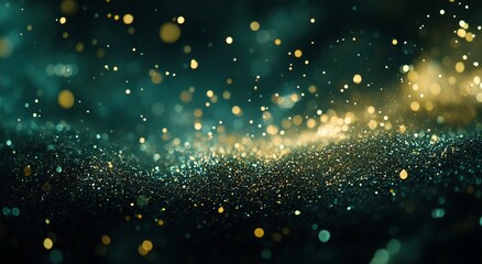 dark green and gold background with bokeh lights and glitter particles