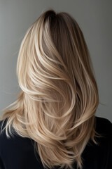 Obraz premium Close-up portrait of a woman’s luxurious, voluminous, and silky blonde hair, captured from the back against a soft, neutral gray background. 