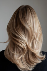Naklejka premium Close-up portrait of a woman’s luxurious, voluminous, and silky blonde hair, captured from the back against a soft, neutral gray background. 