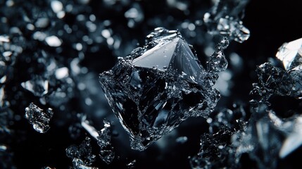 Obraz premium Shattering glass cube explodes in dark space, fragments scattering