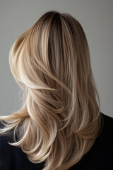 Obraz premium Close-up portrait of a woman’s luxurious, voluminous, and silky blonde hair, captured from the back against a soft, neutral gray background. 