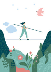 A tightrope walker girl walks over a valley with flowers