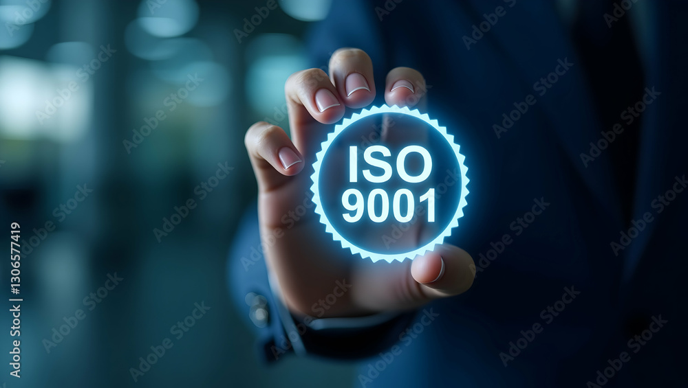 Poster professional hologram display of iso 9001 quality certification with glowing approval stamp in corpo