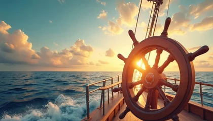 Fototapeten Ship wheel on yacht against sunset sky over blue sea. Nautical adventure, summer travel, marine trip concept. Wooden helm control navigation equipment on sailboat. Seafaring exploration, discovery © miss irine