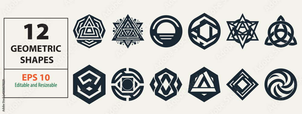 Poster set of twelve unique abstract geometric vector shape designs