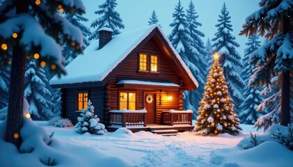 Snow-covered trees surrounding a cozy winter cabin with a decorated Christmas tree, winter cabin, colorful, cozy