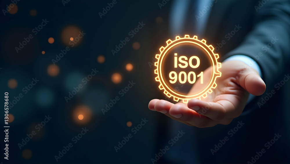 Poster professional iso 9001 quality certification hologram with glowing approval stamp in corporate settin