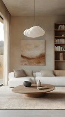 A minimalist living room with a white sofa, a wooden bookcase, and a round coffee table in front of a beige wall
