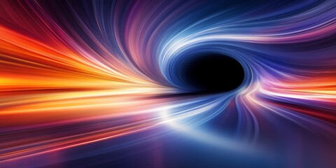 Obraz premium Abstract Digital Art with Tunnel of Flowing Neon Light Waves in Purple, Blue, and Orange Background