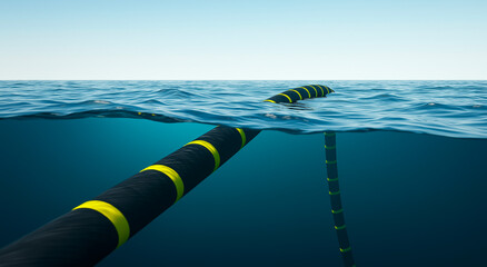 Underwater fiber optic cable installation, Split view of submarine telecommunications infrastructure, Ocean connectivity and global communications network, Digital infrastructure