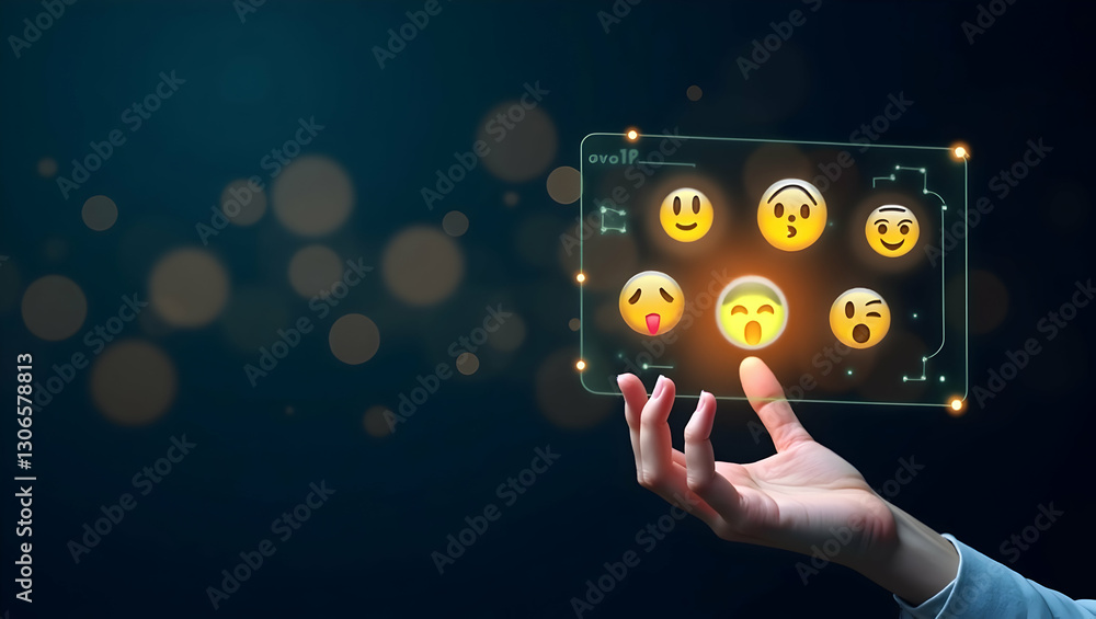 Poster digital emoji feedback: a glowing hand interacting with a holographic interface showcasing user feed