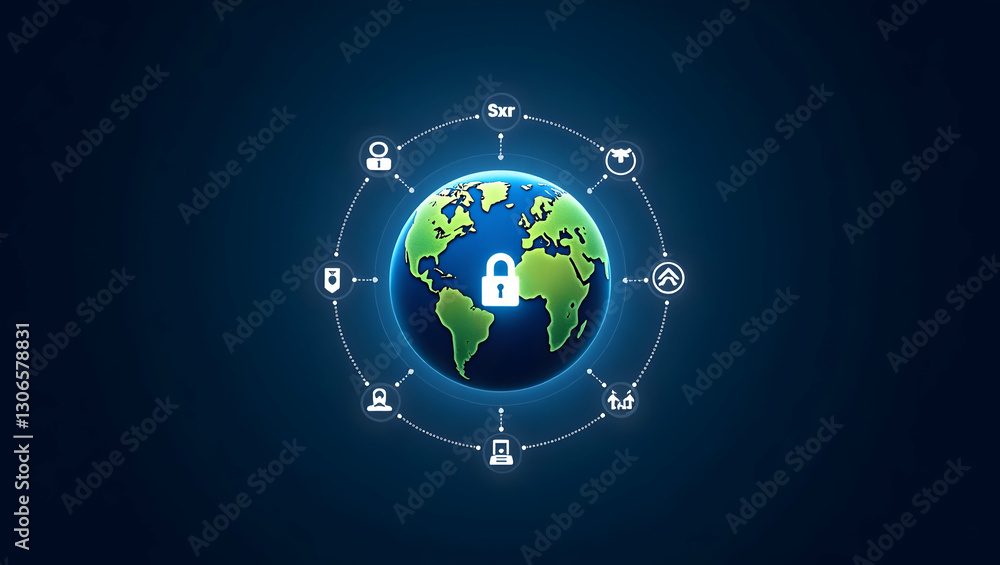 Poster global cybersecurity: globe surrounded by encryption symbols for comprehensive online protection