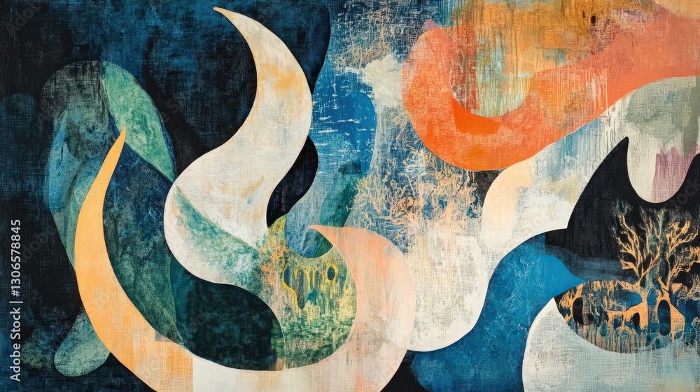 Poster fluidity of form meets textural depth in a captivating abstract artwork