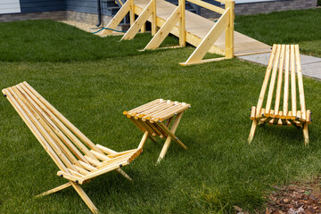 Wooden furniture for the campfire and barbecue area. Wooden Backyard Furniture