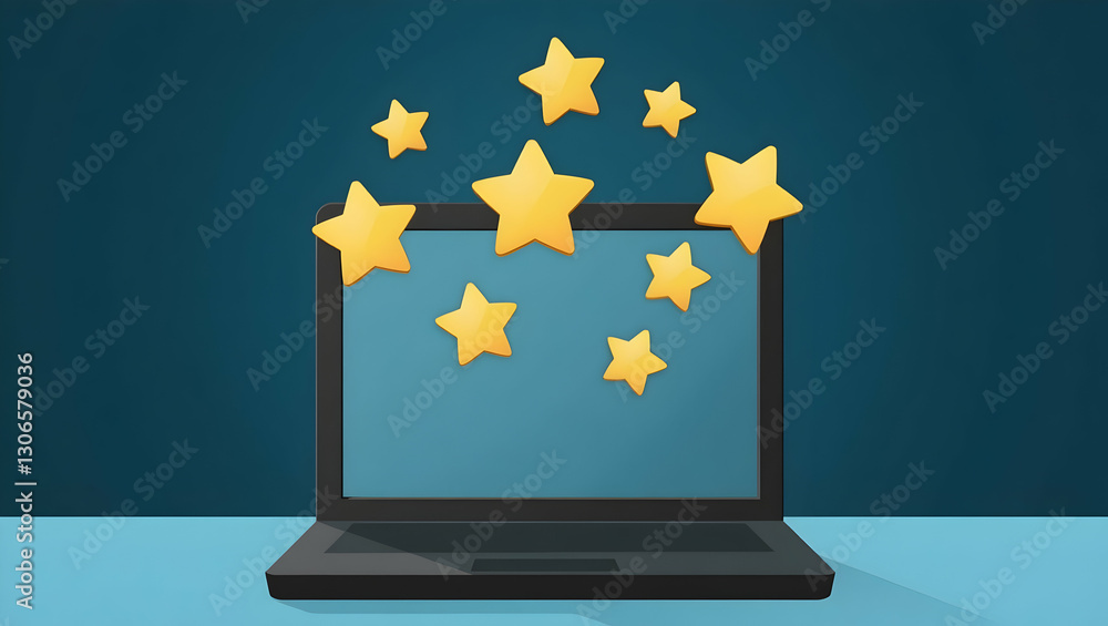 Poster customer ratings visualized: floating star ratings above a laptop illustrating digital review system