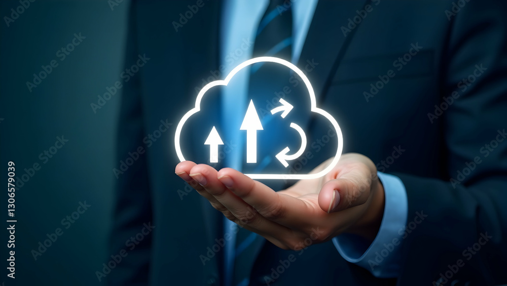 Poster cloud technology visualized: business professional managing glowing cloud icon with download and upl