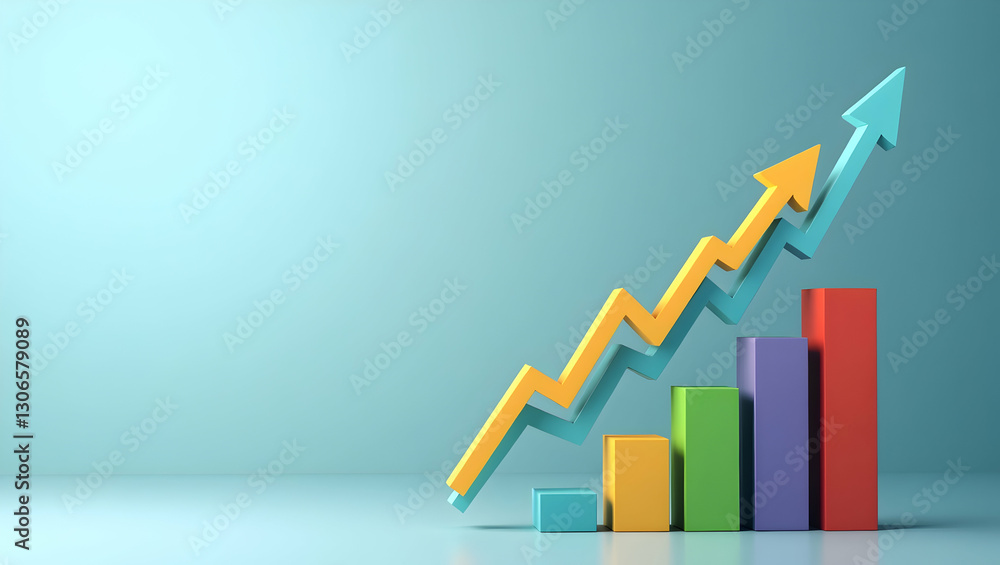 Aufkleber visualizing economic growth: floating upward arrows and bar graphs illustrate emerging economic tren