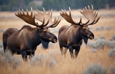 Two moose stand in grassland in Grand Teton National Park. Wild bulls with huge horns, wildlife brown fur. Scenic outdoor, travel destination, nature reserve, animal protection concept.