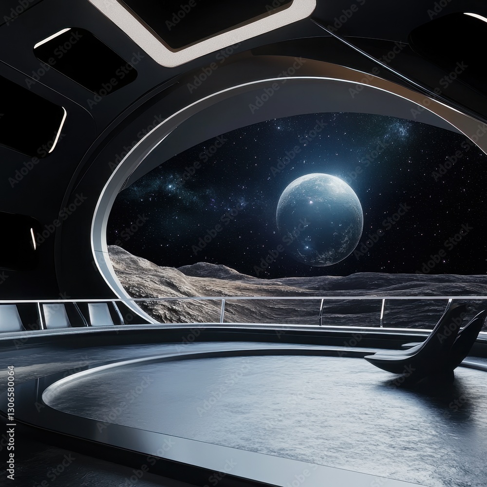 Wall mural a futuristic observation deck floating in deep space, offering an unobstructed view of the moon and 
