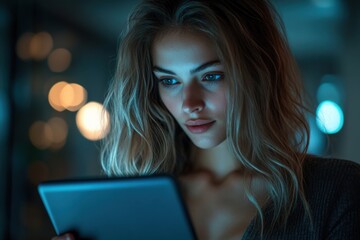 Female entrepreneur with a digital tablet searching for products in a warehouse, focused expression, modern logistics and inventory management, efficient business operations