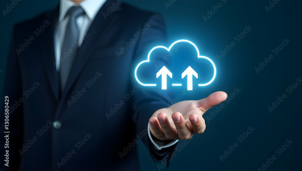 Poster cloud technology visualized: a business professional managing a glowing cloud icon with download and