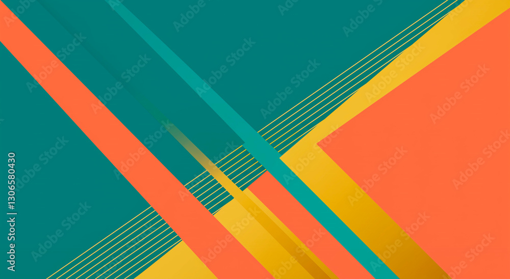 Poster abstract geometric pattern in teal, coral and yellow, diagonal lines and stripes creating dynamic co