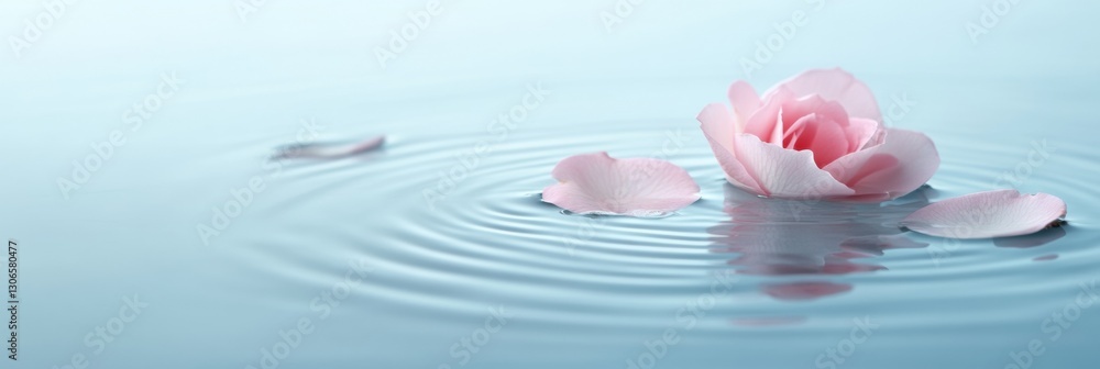 Poster floating flower petals create a tranquil setting on calm water with a soft pastel background generat