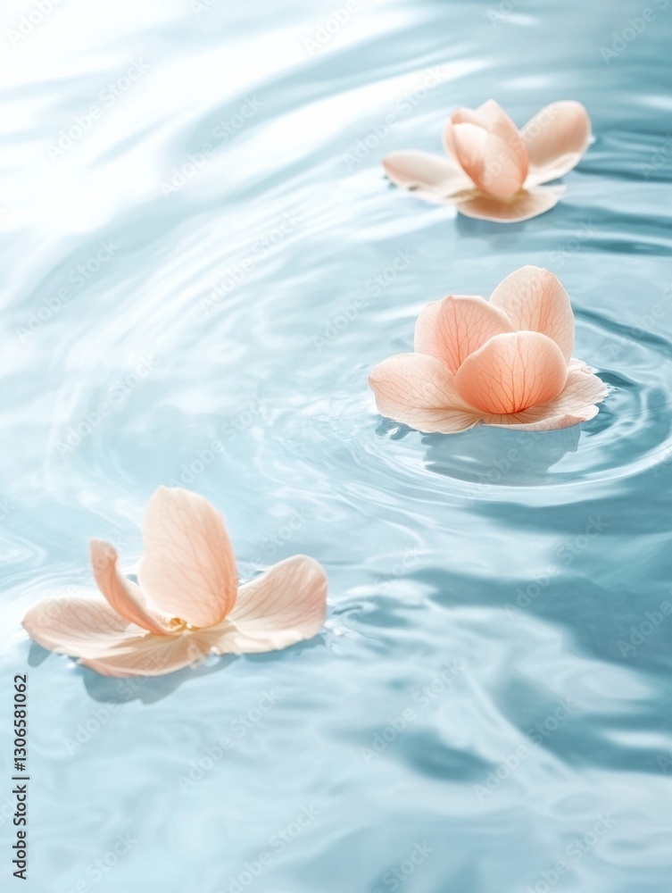 Poster serene pastel hues with floating flower petals creating a tranquil water reflection scene generative