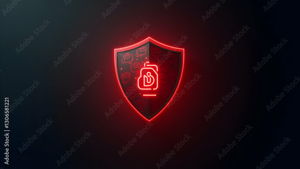 Aufkleber antivirus shield alert: red shield icon with holographic warning labels for threat detection - stock