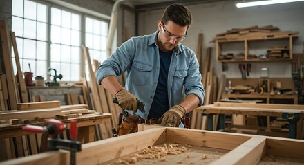 Focused Craftsman Working on Wooden Frame in Bright Workshop
