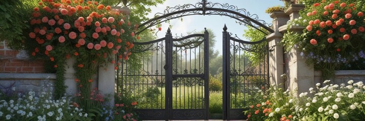 Illustration of a garden gate made from flowers and vines, natural elements, whimsical illustration, outdoor scene